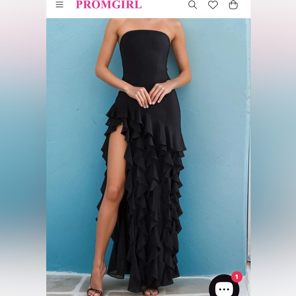 PromGirl Black Strapless Ruffled Gown